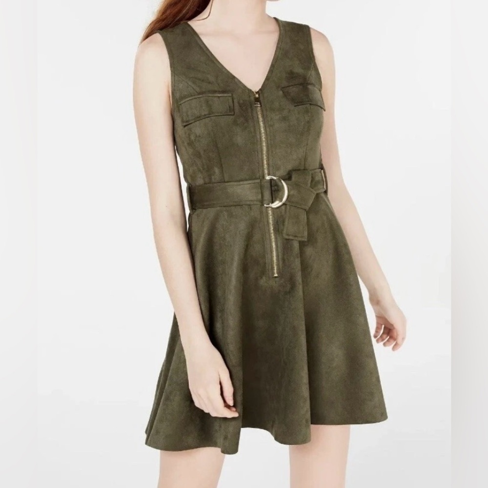 Rosie Harlow Microsuede mini Dress Olive green Sleeveless Belted‎ Size M